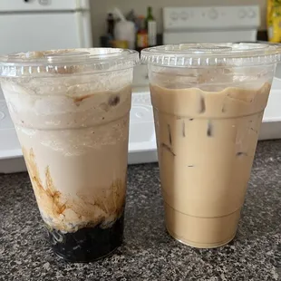 Blended milk tea with boba and Vietnamese iced coffee