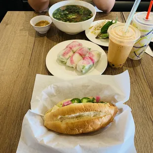 Beef pho, spring rolls, veggie sammich, &amp; Thai tea boba.