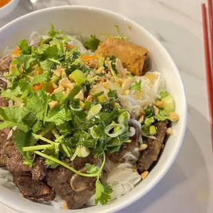 This is rice vermicelli noodles with beef, shrimp &amp; spring roll &amp; veggies