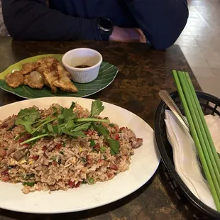 Bbq pork fried rice and potstickers