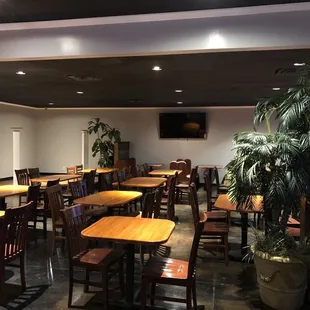 tables and chairs in a restaurant