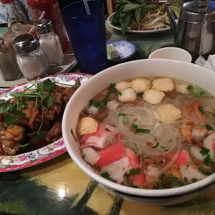 Pho and chicken wings. Fish pho.