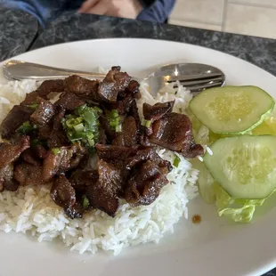 a plate of rice, beef and cucumber