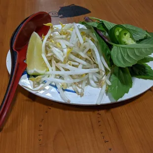Bean sprouts, mint, lime wedge, and hot peppers