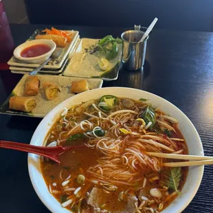P8. Special Combination Pho + chili oil &amp; A4. Vegetable Egg Rolls