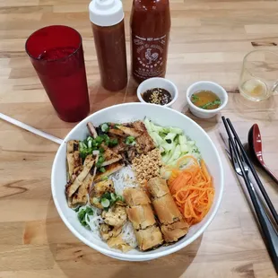 Bún chả with chicken, pork, shrimp and eggroll