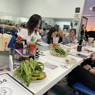a group of women sitting at a table with plates of food