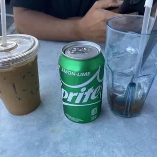 Iced coffee on left and salted plum drink on right (substituted with sprite instead of club soda)