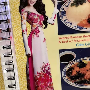 a recipe book with a picture of a woman in a long dress