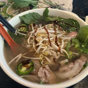 Pho with rare steak and meatballs