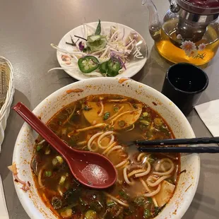 15. Beef and Pork Spicy Noodle Soup and hot Jasmine Tea