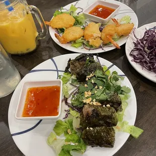 Shrimp, beef wrap in grape leaves