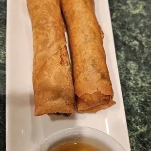 two fried spring rolls on a plate with dipping sauce