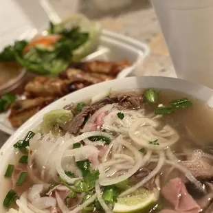 Combo pho and crispy egg rolls