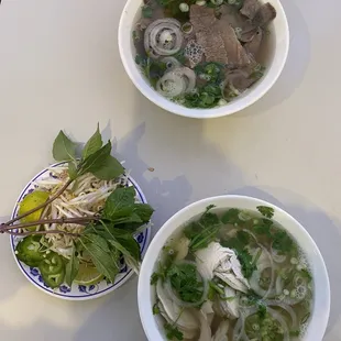 two bowls of pho with meat and vegetables