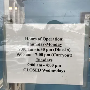 Hours, including carry out hours