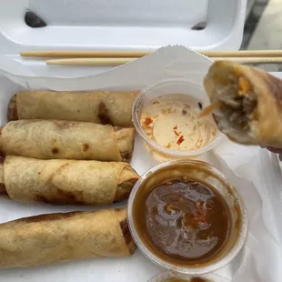 Chicken egg roll with peanut sauce and traditional sauce