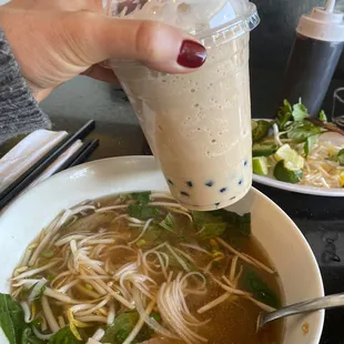 Rare beef pho &amp; milk tea boba