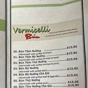 Vermicelli menu and specialties