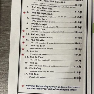 Pho menu