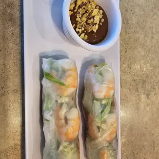 Soft Fresh Spring Rolls: shrimp &amp; pork in a clear, soft rice wrapper with lettuce, vermicelli; peanut sauce