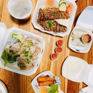 4. Pho Tai Nam Gau with extra noodles ; Grilled Beef with Rice; Spring Rolls; Egg Rolls