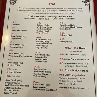 Pho menu