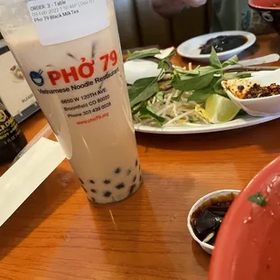 Pho 79 Milk Tea and pho tai