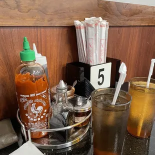 a variety of condiments on a table