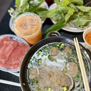 Beef Ball Pho w/ Rare Steak on side and Thai Tea
