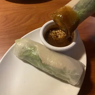 Pork Spring roll with peanut sauce.  Also available: Shrimp spring roll and Tofu spring roll