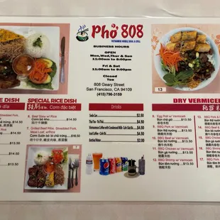 the menu for pho 808