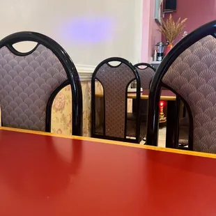 a red table and chairs