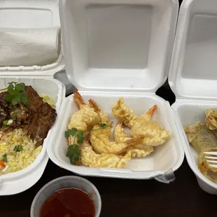 43. Charbroiled Pork Fried Rice, Fried Shrimp Tempura (8 pcs), Pan Fried Dumplings (8 pcs)