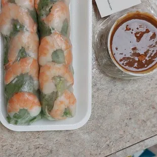 Delicious shrimp spring roll and perfect dipping sauce.