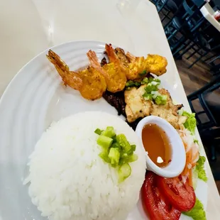 Rice, beef, shrimp, chicken