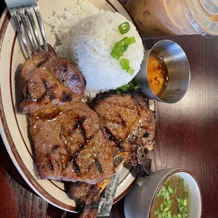 Com suon with Vietnamese Iced Coffee