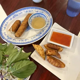 Appetizers:  Pot stickers and fried chicken egg rolls.