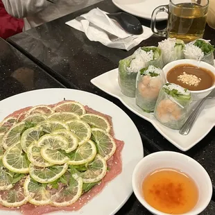 Beef Carpaccio Salad and Shrimp Spring Roll