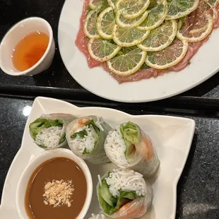 Shrimp Spring Roll (Tom Goi Cuon) and Raw Beef Carpaccio (Bo Tai Chanh)