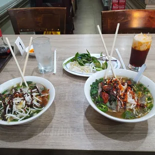 Food- Pho Meatball Soup &amp; Pho Tai Drink- Water &amp; Thai Milk Tea