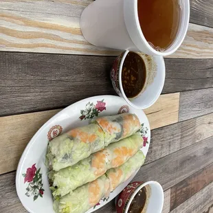 Spring Rills with dipping peanut sauce.