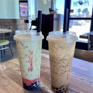 Strawberry Matcha with boba (left) &amp; Brûlée Coffee with boba (right) $6.85 each