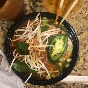 Spicy Noodle Soup ( and bean sprouts, with the broth added)