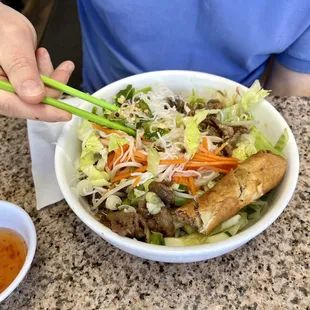 Vermicelli rice noodles with pork &amp; egg rolls