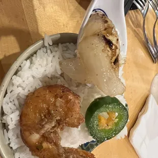 Fried shrimp, smoky onions and hot peppers