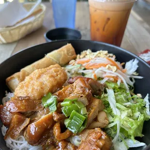 Vermicelli with Grilled Chicken, Eggroll and Shrimp Paste
