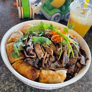 Noodle Bowl with Pork and Pork Eggrolls