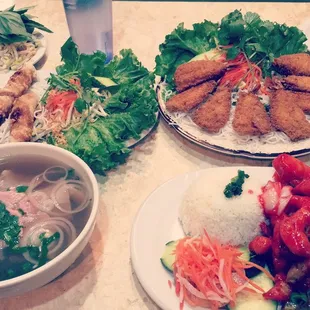 a variety of asian food on a table