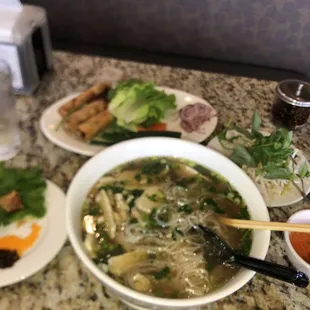 Chicken pho, Vietnamese egg rolls, chili oil